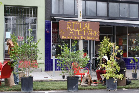 The parking spaces in front of Ritual Coffee Roasters were transformed into "Ritual State Park." Photos by Bryan Goebel.