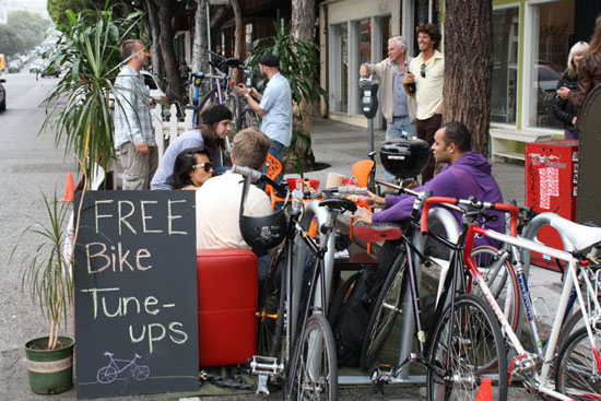 Free bike tune-ups and lounging in front of Timbuk2.