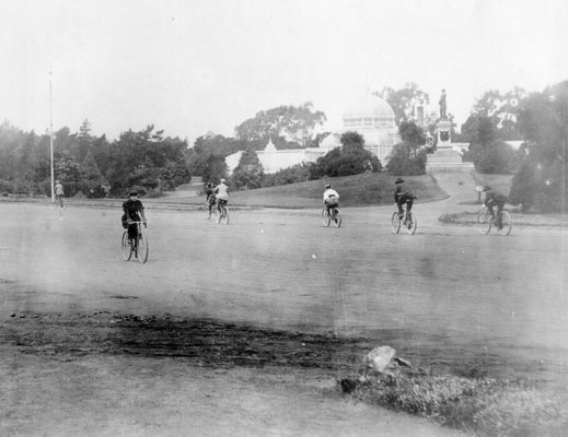 Cyclists near the Conservatory of Flowers, 1899. Courtesy San Francisco History Center, SF Public Library
