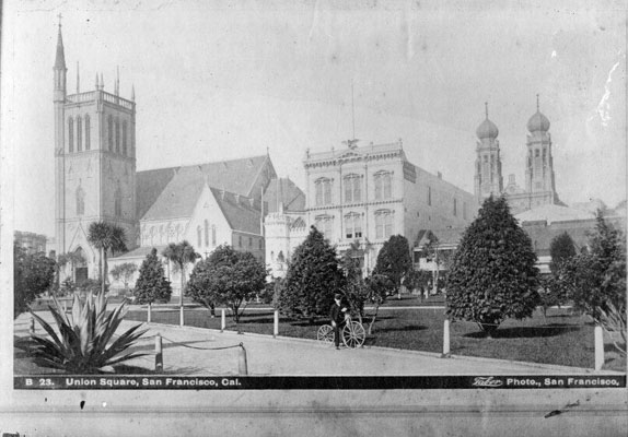 Lone cyclist in Union Square, 1880s. Courtesy San Francisco History Center, SF Public Library.