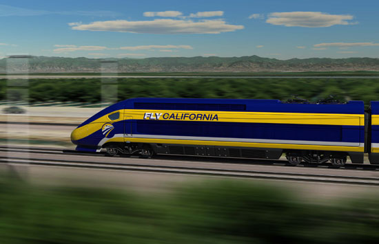 This earlier rendering depicts a blue and yellow train. Image: CAHSRA