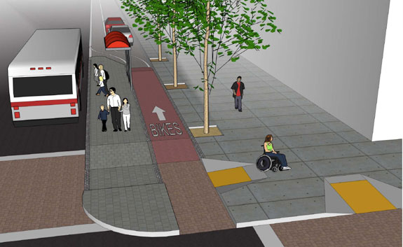 Bus bulb plazas would be included in both options. They were designed to eliminate conflicts between buses and bicyclists and would be a first for San Francisco. Image: SF Planning Department.