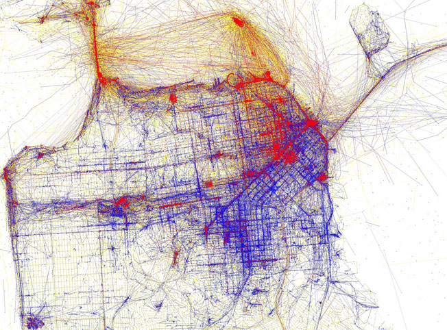 San Francisco, as photographed by locals (blue) and tourists (red). Image: Eric Fischer.