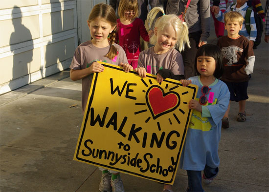 Children walk to Sunnyside School, one of the 15 Safe Routes to School facilities. Photo: Adrienne Johnson.