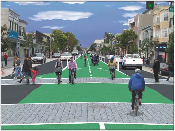 A two-way dedicated bikeway would run through the center of Valencia Street. Image: RG Architecture.