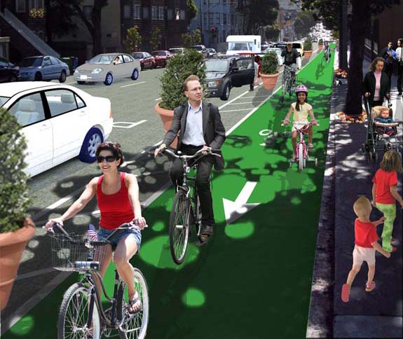 The current bike lane on Fell Street would be transformed into a curbside cycletrack. Image: RG Architecture for SFBC.