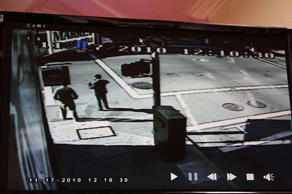 Now official SFPD evidence, this surveillance video shows the front of the bus at the very top of the photo. The arrow points to the woman who was crossing. Photo: Bryan Goebel