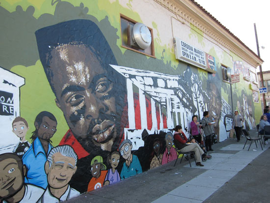 A mural with Jerry Rice, Willy Mays and numerous other icons, including the old pergola constructed during the 1915 Pan-Pacific Exposition.