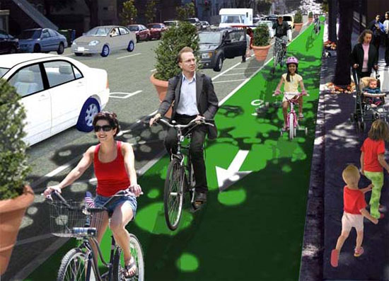 The SFBC's rendering of what a protected bike lane on Fell Street could look like.