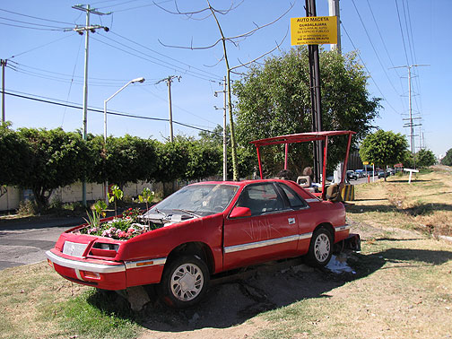 The yellow sign above indicates this car was a public art installation for Carfree Day, 2010.