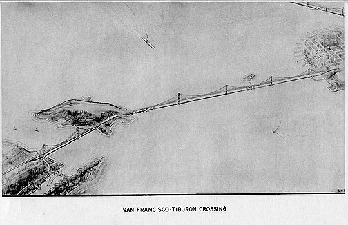 A rendering of a planned bridge from San Francisco north across Angel Island and through Tiburon. (Thanks to Eric Fischer for making these available on his Flickr page.)
