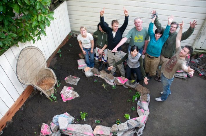 Wigg Party members celebrate a successful Backyard Gardens Work Party. Photo: Jenny Sherman
