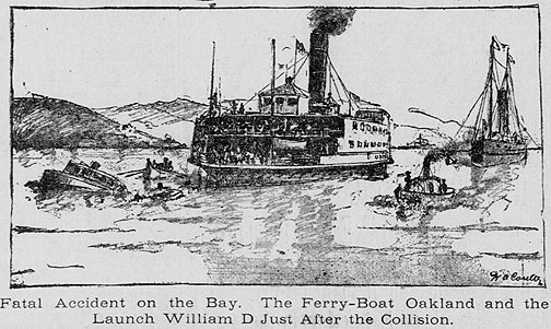 Another Coulter image, this one of the Ferry Oakland that had just collided with a small skiff near Goat Island (now Yerba Buena Island).