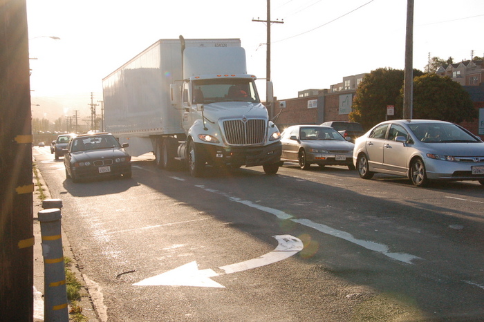 Cesar Chavez at evans, where the newly approved plan will relieve bike commuters of having to merge with trucks.