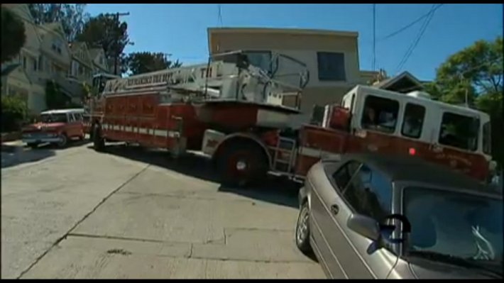 An SFFD truck turns to avoid cars parked at a perpendicular angle, as seen in a ##http://www.ktvu.com/news/news/special-reports/tight-streets/nbKkZ/##KTVU segment## in which the department points fingers at bulb-outs, bike lanes, and medians for slowing them down.