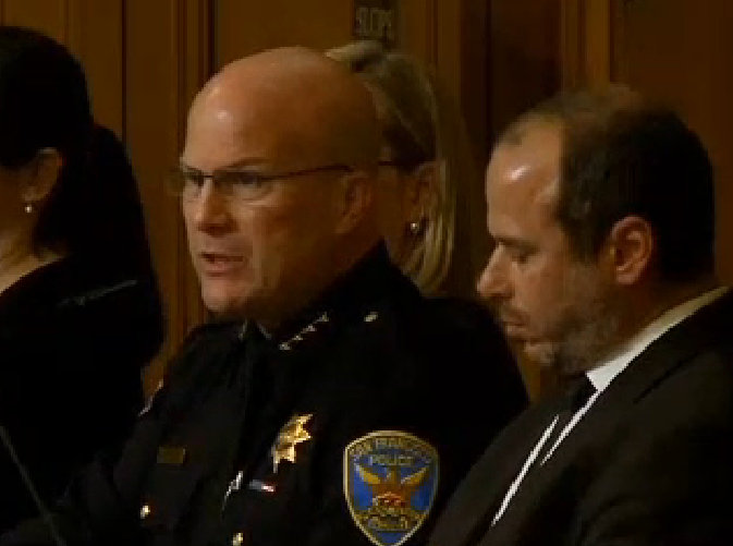 SFPD Chief Greg Suhr speaks at the hearing alongside SFMTA Director Ed Reiskin. Photo: ##http://sanfrancisco.cbslocal.com/2014/01/17/san-francisco-pledges-to-boost-traffic-safety-after-deadly-crashes/##CBS 5##