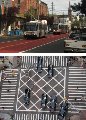 Market will have its transit-only lanes will be painted red, and cross-hatched markings will be added to discourage drivers from blocking intersections. Photos via SFMTA