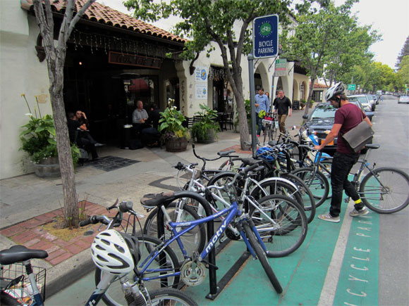 At Coupa Cafe's request, one car parking space in front of their 528 Ramona Street location in downtown Palo Alto was replaced with a bike corral that holds up to ten bikes. Photo: Andrew Boone