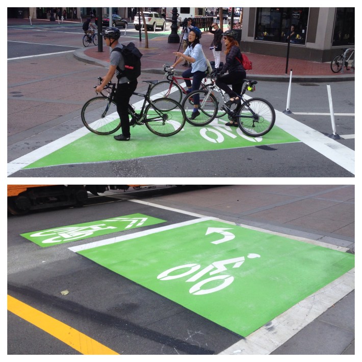 Excited advocates use the new left-turn queue boxes, which direct bicyclists to and from the Polk Street bike lanes. Photo: Stan Parkford.