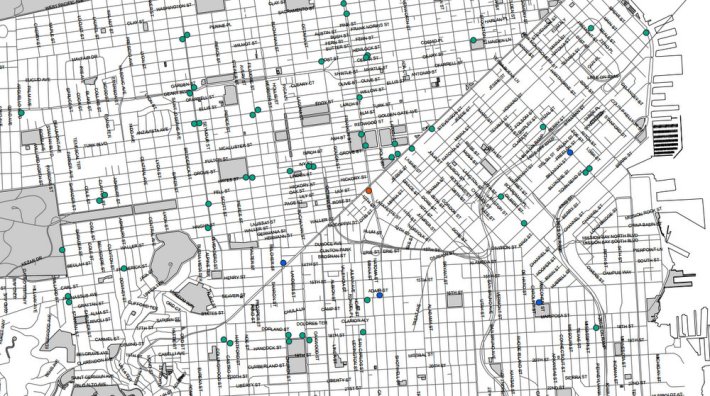 A snapshot of the SFMTA's proposed Muni stops to be shared with private shuttles. See the full map in this PDF