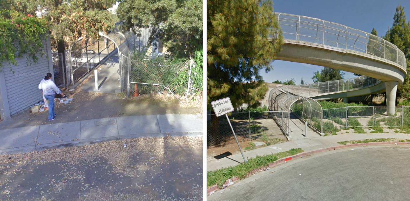 The Madden Avenue (left) and Sunset Avenue (right) ped bridges over Highway 680 include several hazards for cycling, including vertical curbs and bollards. Photos: Google Maps