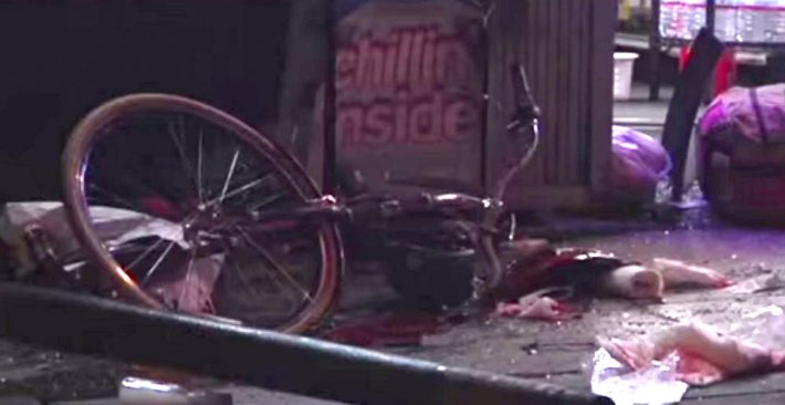 Watson's bicycle as seen after the crash. He was believed to have been standing or walking with it. Image: KRON 4 via Youtube