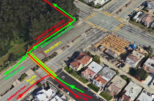 Students proposed splitting the median on Sloat Boulevard to allow pedestrians and cyclists to cross from Stern Grove directly to 20th Avenue, a crucial connector to campus. Photo: Bicycle Geographies.