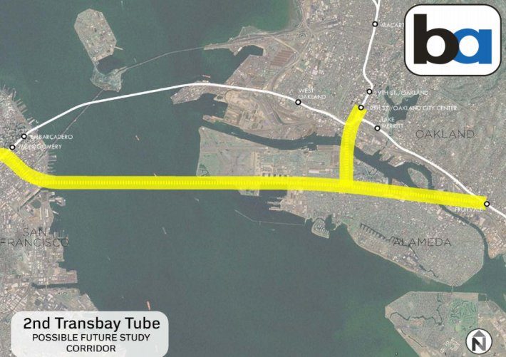 A possible alignment for the second Transbay tube. Image: BART