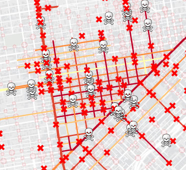 The Tenderloin sticks out on the SF Department of Public Health's map of high-injury streets. Image: SFDPH
