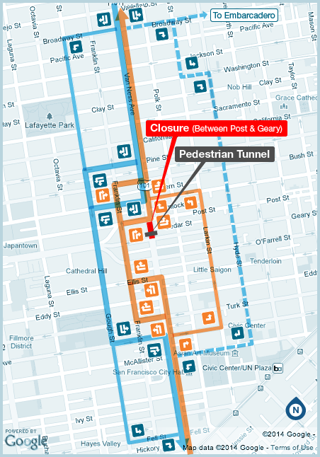 A map of detours during CPMC's series of traffic closures. Image: CPMC