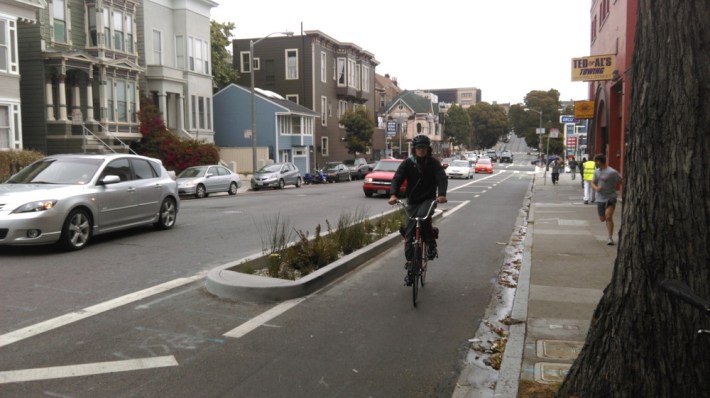 Fell Street's new planted traffic islands. Photo: Aaron Bialick