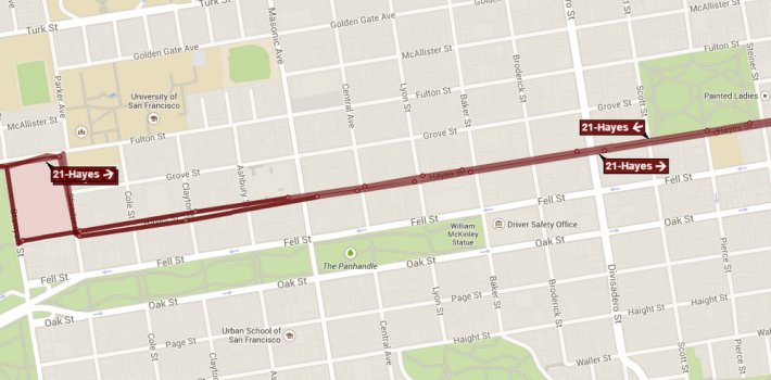 The 21 Hayes currently stops at every block for four blocks in NoPa. Image: NextBus