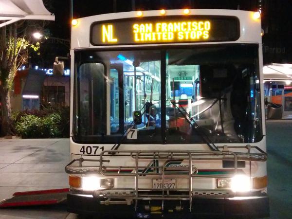 An AC Transit bus with a three-bike rack at the Transbay Terminal in SF. Photo: Kenya Wheeler/Twitter