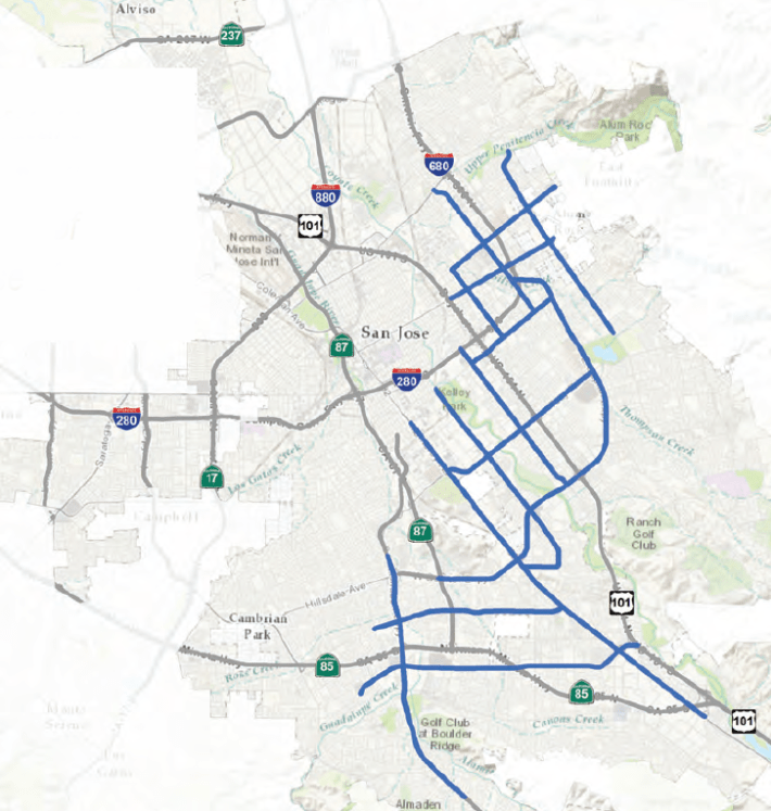 Segments of 14 multi-lane arterial streets and expressways that SJDOT is targeting for safety improvements.