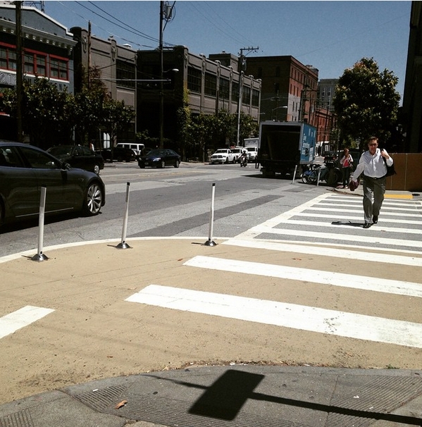 A painted "safety zone" at Second Street and South Park. Photo: Nicole Schnedier, Walk SF/Twitter