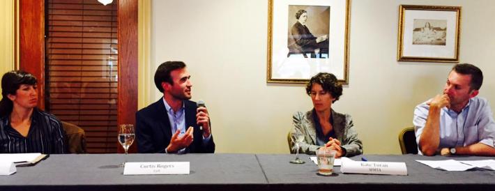 Lyft's Curtis Rogers speaks at a forum hosted by Livable City yesterday. SFMTA's Kate Toran sits to his right. Photo: Folks for Polk/Twitter