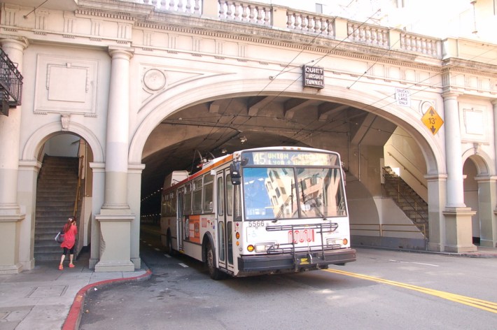 Trolley buses on Muni's 30-Stockton and 45-Union lines run through the Stockton Tunnel, which was originally built primarily for streetcars. Photo: Aaron Bialick