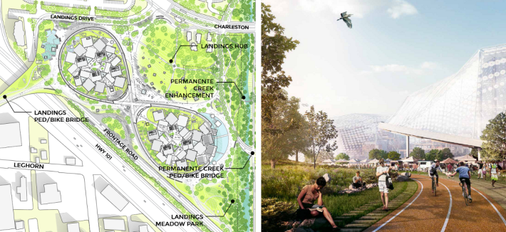 Google's two-dome office development at Landings (left) will include a new Highway 101 bike/ped bridge, and the company's re-submitted Huff office project will incorporate the company's "Green Loop" mixed-use path. Image: Google
