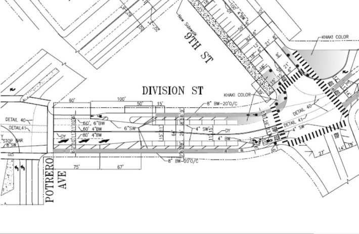 Plans for Division near Ninth and 10th include large painted bulb-outs and a installation of a missing sidewalk on Ninth. Image: SFMTA