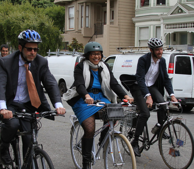 Supervisor Breed rides the Wiggle with the SF Bicycle Coalition's Noah Budnick (right) and SFMTA Director Ed Reiskin after a recent celebration of the Fell and Oak bike lanes. Photo: SFBC/Flickr