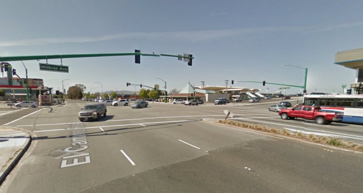 The intersection of El Camino Real and Millbrae Avenue, just outside the station. Photo: Google Street View
