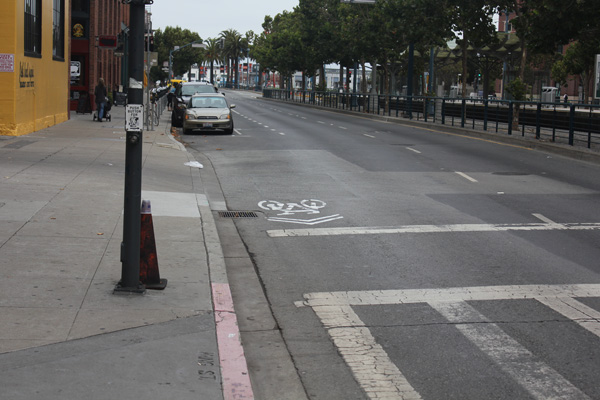 King's westbound bike lane disappears between Second and Third Streets. Photo: I Love Biking SF