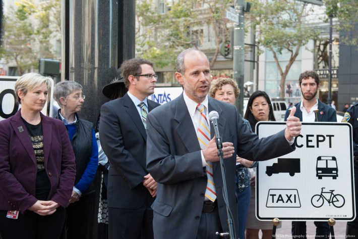 SFMTA Director Ed Reiskin announcing private auto restrictions on Market yesterday. Photo: SFMTA