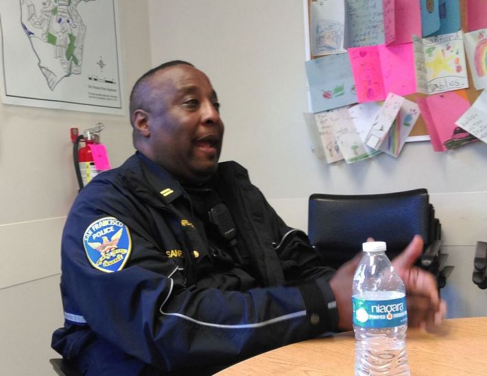 SFPD Captain John Sanford sat down for two hours yesterday with Streetsblog and a neighborhood advocate to talk about safer streets. Photo: Aaron Bialick