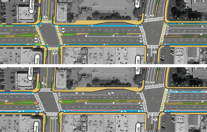 Parking spaces along El Camino Real replaced with curb-separated bike lanes (top) or buffered bike lanes (bottom). Sidewalk curb extensions and high-visibility crosswalks would improve pedestrian safety. Image: City of Menlo Park