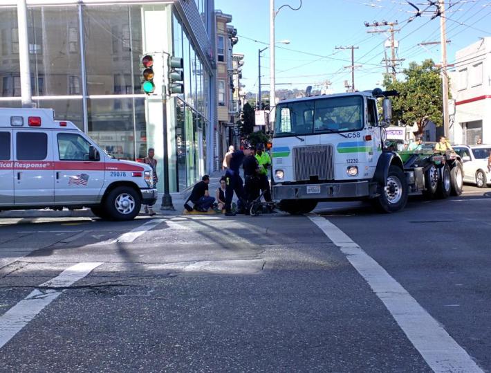 A Recology truck driver hit a woman on bike this morning at 14th and South Van Ness. Photo: Ty Smith/Twitter