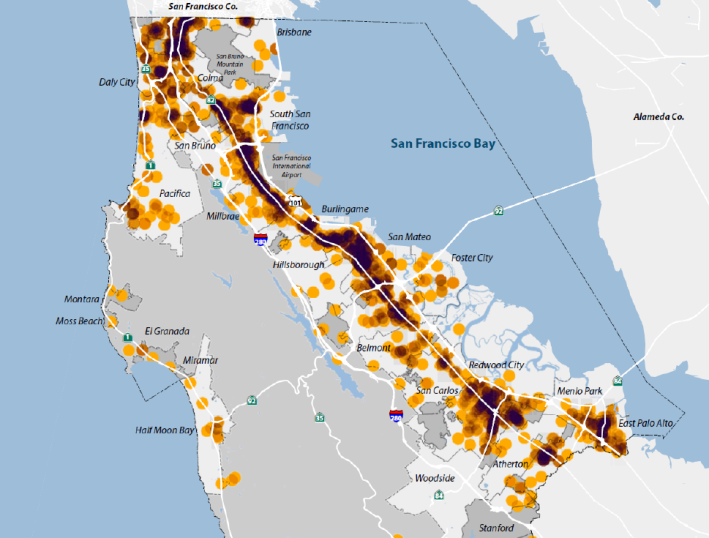 Frequency of vehicle-pedestrian collisions in San Mateo County. Image: 2011 San Mateo County Comprehensive Bicycle and Pedestrian Plan