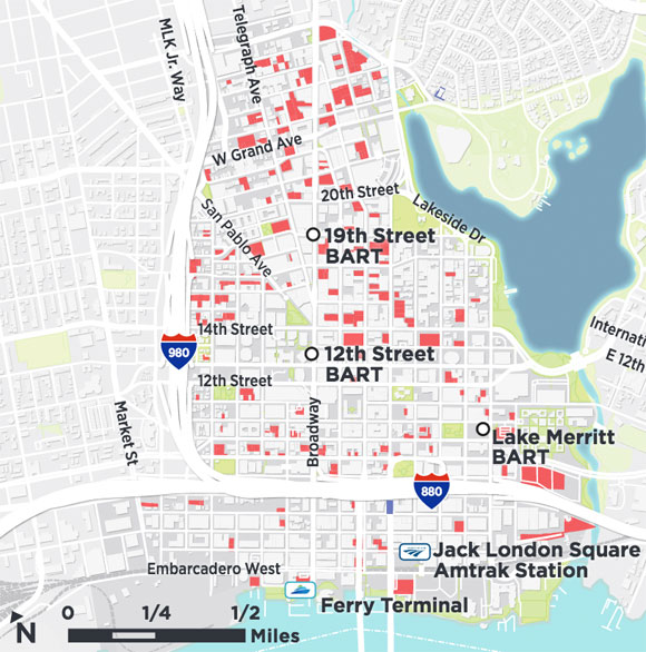 SPUR has identified 40 acres of surface parking lots and vacant parcels in downtown that, under current zoning rules, could accommodate up to 36,000 additional office jobs and 19,000 new residents without displacing existing development.2 Allowing taller buildings could increase the total potential number of jobs and/or residents in downtown.