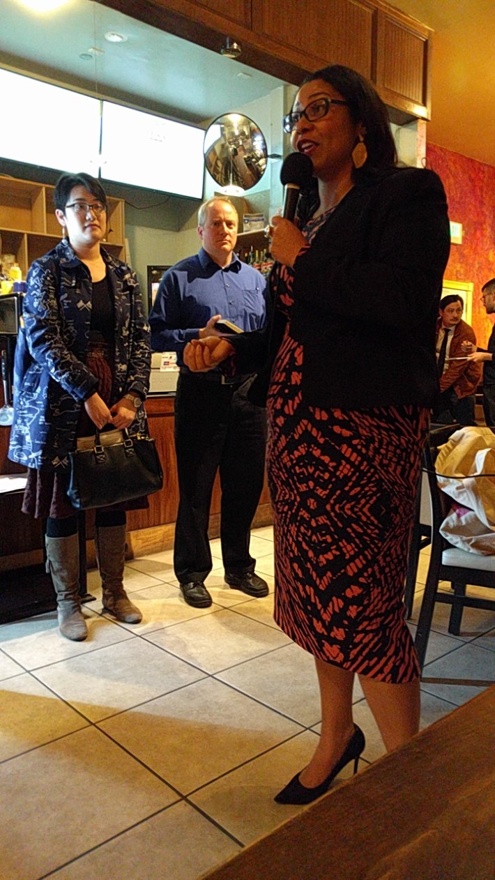 Supervisor London Breed talking at the North of Panhandle Neighborhood Association. Photo: Roger Rudick