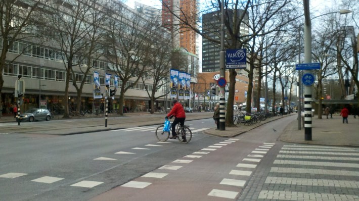 Dutch Streets Segregate Car and Bikes with Curbs, Trees, Buffers and Phased Signals. Photo: Roger Rudick